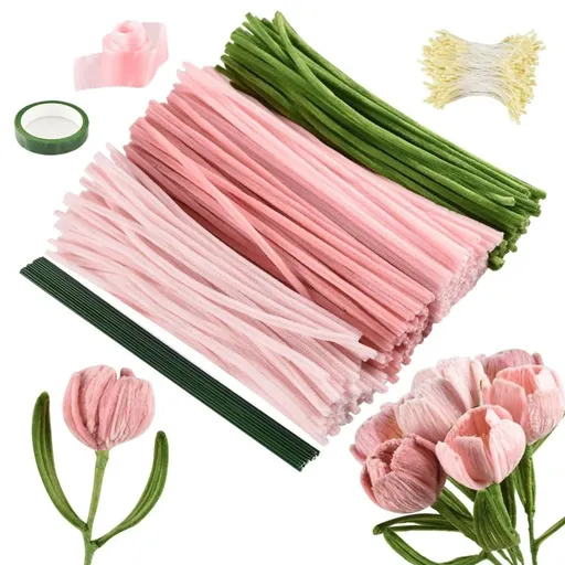 Pipe Cleaners Craft,4 Assorted Colors Pipe Cleaners Bulk, Chenille Stems for DIY Flower Making Kit with Floral Wires, Gardening Tape,Stamen& Ribbon (Pink)