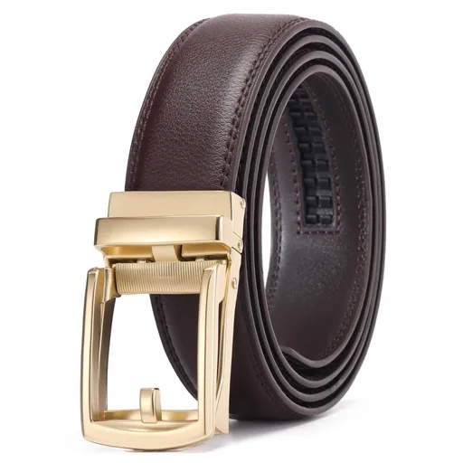 Ratchet Belt for Men Genuine Leather - Micro-Adjust Buckle Trim to Fit Dress Belt Casual to Formal Gift Boxed - Basic Gold - Brown - Size 28"-44" Waist Adjustable
