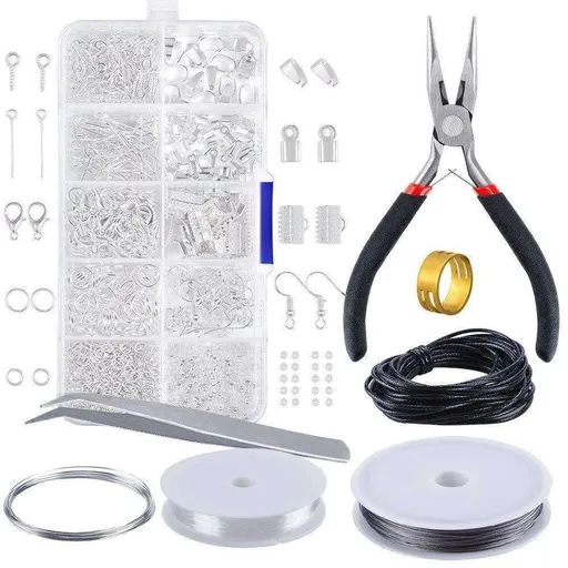 DIY Jewelry Making Kit with Pliers, Wire, Rings, Silver