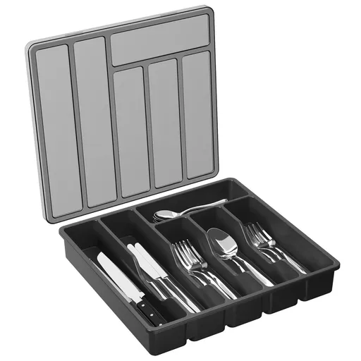Covered Utensil Tray for Kitchen Drawer and Countertop, Plastic Cutlery and Flatware Storage Box for Spoons Forks Knives Holder Case