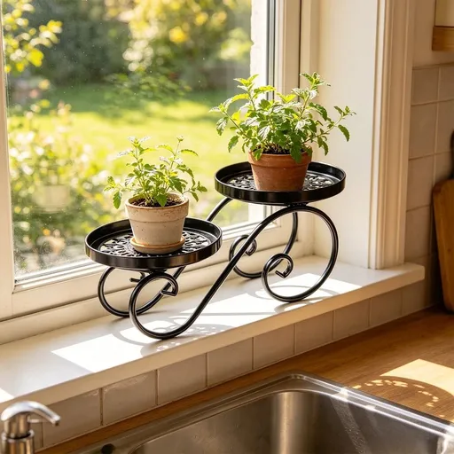 Double Tier Floor Standing Wrought Iron Flower Stand, Rustproof Hollow out Plant Display Rack 16.14x9.84inch, European Style Decor for Balcony Living Room Windowsill, Black