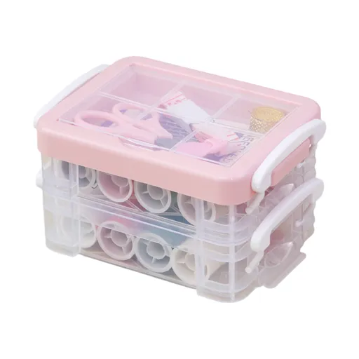 Pink 3-Layer Sewing Kit Box Set - Complete Home Sewing Organizer with 16 Thread Spools, Scissors, Needles & Accessories, Portable Transparent Storage for Craft and Repair