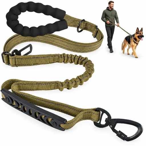 Shock Absorbing Dog Leash, Anti Tangle Elastic Training Leash for Large Dogs up to 49.9 kg, 1.9 m, Khaki