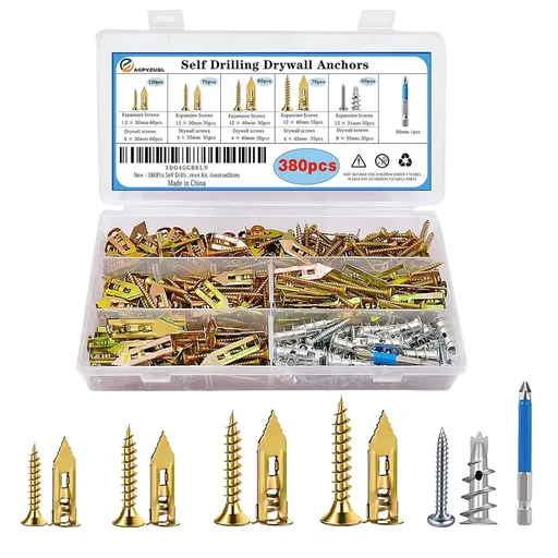 380 Pcs Self-Drilling Wall Anchors and Screw Kit Drywall Fixing Anchors Repair Tools Fasteners for Mounting Furniture on Moist Drywall