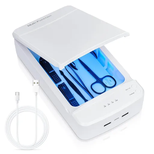 Multi-Function UV Sterilizer Box with Blue LED Light – 99.9% Germ Elimination, Dual Sterilize & Aromatherapy Modes, USB-C + Dual USB-A Ports, 3–5 Min Quick Sanitizing, for Nail Tools, Makeup Brushes, Jewelry, Phones, Keys (White)