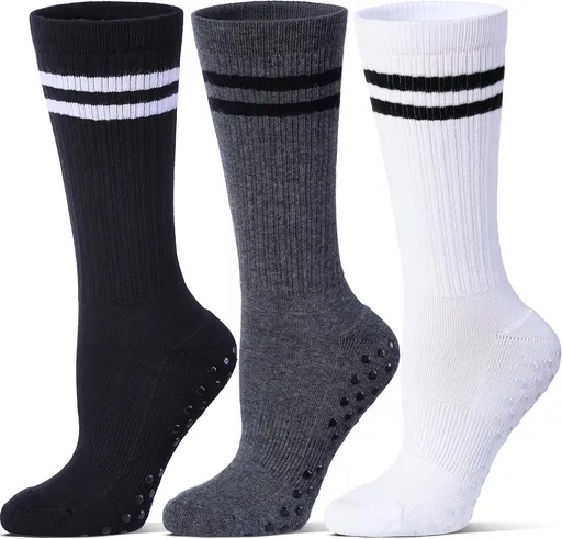 Pilates Grip Socks for Women,Striped Yoga Non Slip Chioned Long Socks for Barre, Dance, Workout 3 Pairs