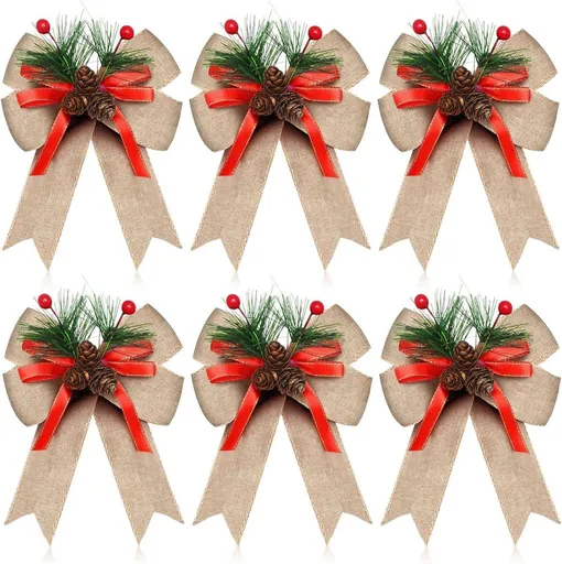 6 Piece Christmas Bow Set Checked Ribbon Pine Cones Flax
