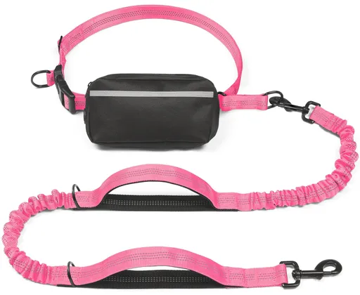Hands-Free Dog Leash with Waist Belt and Storage Pouch, Shock-Absorbing Bungee Leash for Running, Walking, and Outdoor Adventures, Reflective Safety Design for Night Walks (Pink)