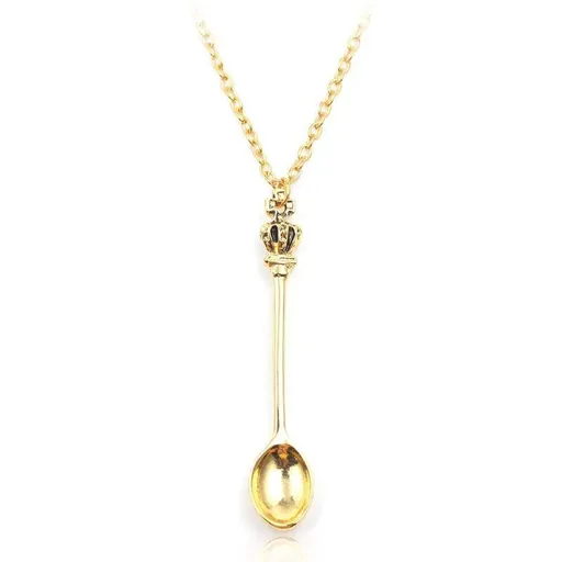 Mini Crown Spoon Necklace Pendant Charm Festival Cutlery Tea Party Gift - Gold