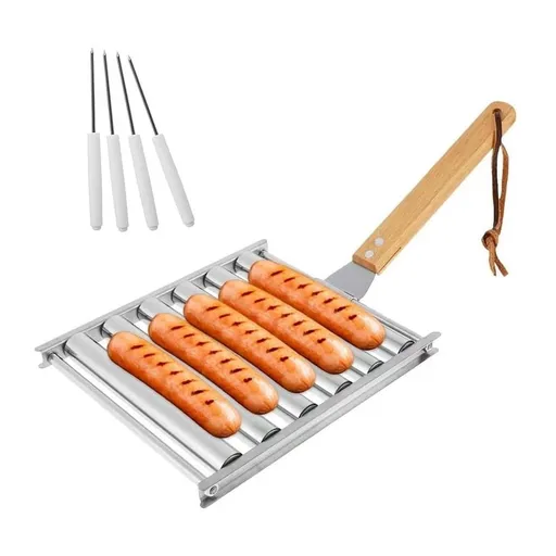 Hot Dog Roller Stainless Steel Sausage Roller Rack with Wood Handle 14 x 16.5cm Silver Wood