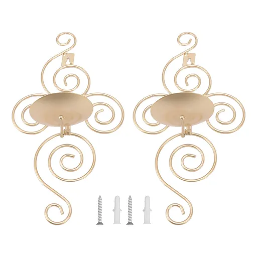 2 Sets Wall Candle Holder Foldable European Style Swirl Wrought Iron Wall Hanging Candlestick Holder Home Decoration Gold