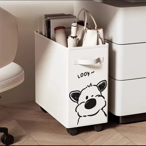 Rolling Oxford Fabric Storage Basket with Wheels (White Dog) - 28L Slim Underdesk Storage Bin & Collapsible Laundry Hamper for Office Dorm and Home