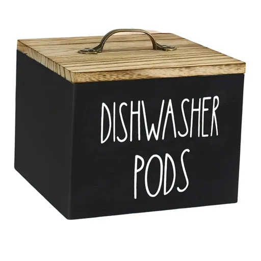 Black Wooden Dishwasher Pod Storage Container With Lid, Farmhouse Countertop Organizer