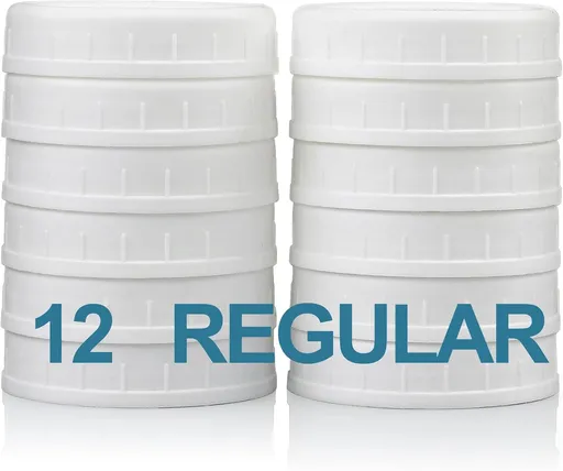 12 Pack Mason Jar Lids for Compatible with Ball, Kerr Regualr Mouth Jars - Plastic Storage Caps for Mason Jars, Canning Jars - Leakproof, Dishwasher Safe & Food Grade - White
