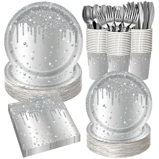 Silver Diamond Sparkle Party Tableware Set 7-Piece Set (Serves 20 People) – 140pcs Disposable Paper Plates, Tissures, Cups & Cutlery Kit for Weddings Birthdays & Parties