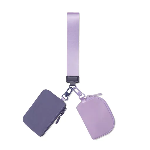 Dual Pouch Wristlet, Detachable 2-in-1 Nylon Card Holder & Coin Purse, Splash Resistant Mini Wrist Strap Wallet for Cards Cash Keys, Cloud Purple
