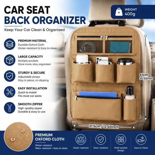 Brown Car Seat Back Organizer - 210D Oxford Cloth, Water-Resistant & Multi-Pocket Design - Space-Saving Storage for Cars, Camping & Home Use
