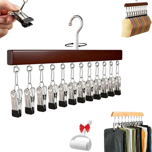 New Pure Wood Rotating Closet Organizer with 12 Clips - Vertical Space Saver & Wrinkle-Free Storage Solution for Jeans Leggings Skirts Hats