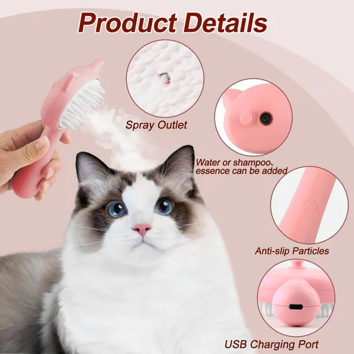 Cat Steam Brush, 3 in 1 Cat Steamy Brush Cleanser, Silicone Massage Grooming Brush for Shedding,Comb for Cats Dogs(Pink Cat)