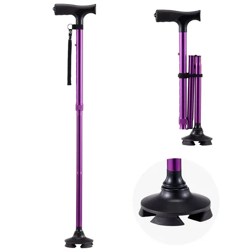 Walking Cane Folding Walking Stick 8-Level Height 4-Pronged Pivoting Base