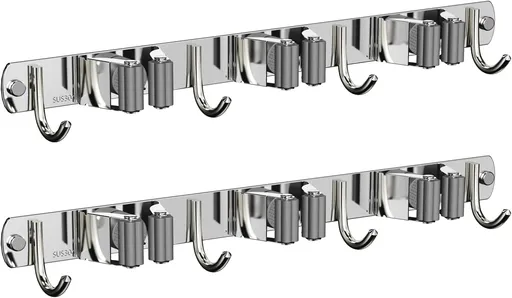 2 Pack Mop and Broom Holder Wall Mount, Non-slip Broom Hanger, Heavy Duty Mop Broom Organizer for Kitchen Garden Garage Laundry Room Wall Decor Organization and Storage Silver 3R4H