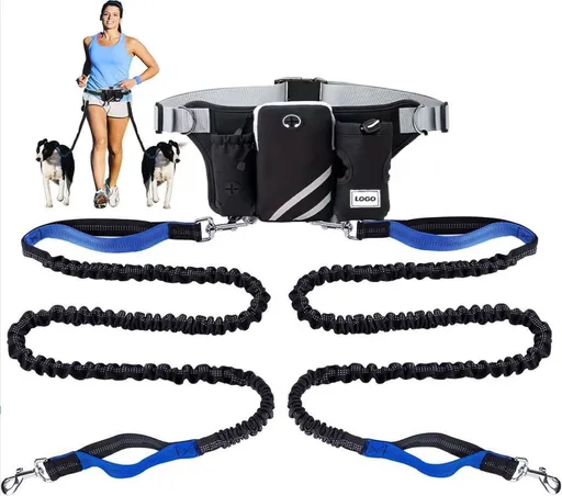 Hands-Free Dual Dog Leash Waist Pack for Running, Walking, and Hiking – Adjustable Oxford Belt with Reflective Strips, Shock-Absorbing Bungee Leashes, 360° Swivel Hooks, and Multi-Pocket Storage for Phone, Water Bottle, and Waste Bags – Perfect for T