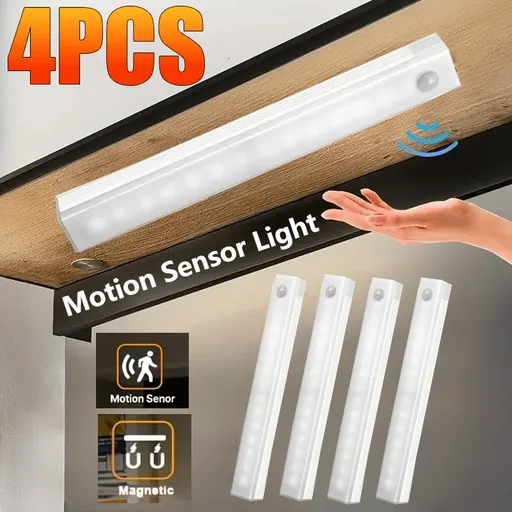 Four multi-size magnetic LED motion sensor lights (three colors adjustable), USB rechargeable cabinet light, LED motion sensor light strip, indoor motion sensor lighting for bedroom, kitchen, corridor, stairs, wardrobe, garage, bathroom - Home night