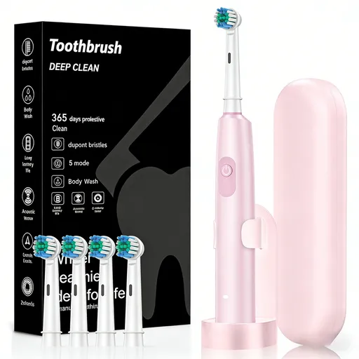 Pink Rotating Round Head Electric Toothbrush Kit with 4 Heads, Case & Stand - 3D Oscillating Mechanical Cleaning for Deep Plaque Removal