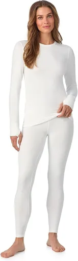 Cuddl Duds Womens Heavyweight Cold Weather Fleece Lined Thermal Set – Long Sleeve Top & Leggings - Winter Lounge Sets - White - Size M