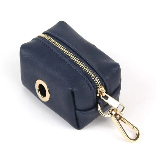 Luxury Dog Walking Organizer Pouch with Heart Quilting, PU Leather Poop Bag Dispenser and Key Holder, Compact Cube Design with Premium Gold Hardware for Everyday Pet Outings (Deep Navy)