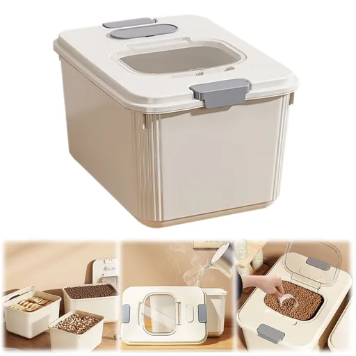 Airtight Pet Food Storage Container with Measuring Cup, Locking Dry Food Bin for Dog and Cat Food, 25.3 x 33.5 x 20.2 cm, Beige