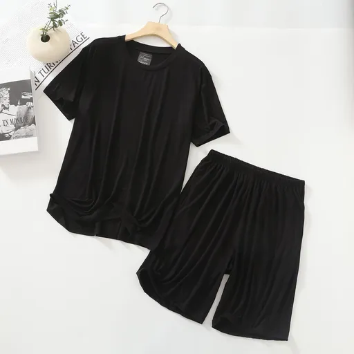 MYAHS Men Modal Sleepwear Set Short Sleeve Shorts Black L (45.00 kg-67.50 kg