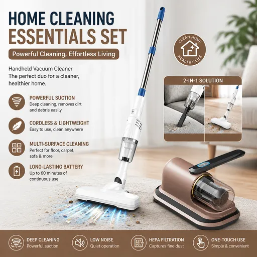 2-piece Home Cleaning Bundle - Golden UV Mattress Mite Vacuum Cleaner & White Cordless Handheld Stick Vacuum Set, Wireless Rechargeable Home Car Pet Hair Cleaning Kit