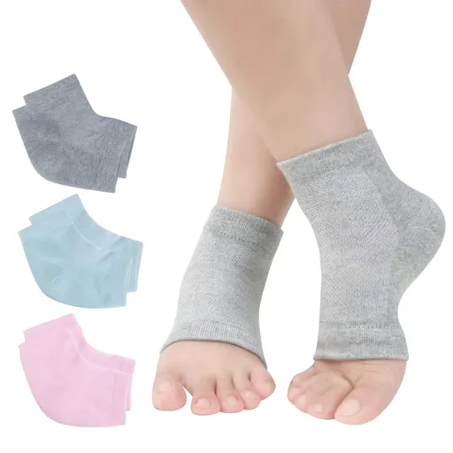 Vented Moisturizing Gel Heel Socks, 3 Pairs Toeless Spa Sock for Foot Care Treatment, Cracked Heels, Dry Feet (Gray, Green, Pink)