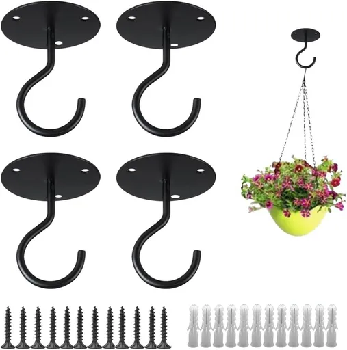 4Pack Ceiling Hooks for Hanging Plants - Heavy Duty Plant Hooks for Hanging Baskets,Lanterns,Wind Chimes,Planters,Plant Hanger Hook,Ceiling Plant Hangers,Outdoor Decoration Hooks (Black)
