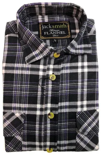 Mens Half Placket Flannelette Long Sleeve Pullover Shirt 100% Cotton Check Authentic Flannel - Black/Purple