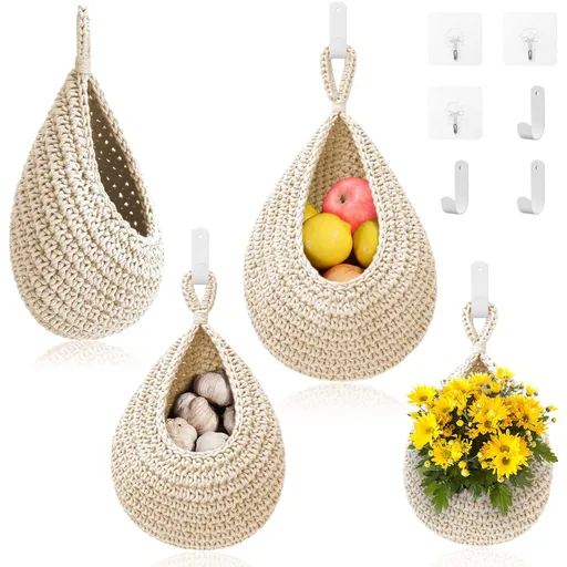 3pc Hanging Fruit Baskets for Kitchen - Basket with Strong Hooks, Handwoven Hanging Holder Teardrop Home Produce Basket