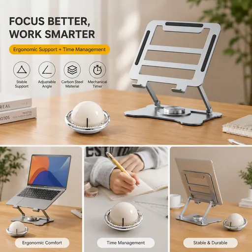 Laptop Stand 360° Rotating Adjustable Height Silver Magnetic Mechanical Timer Beige Set Ergonomic Cooling Desk Organizer