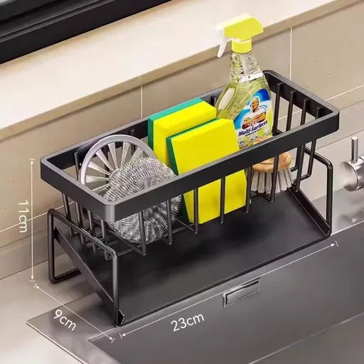 Kitchen Sink Caddy Organizer with Towel Bar & Drain Tray - Durable Metal Sponge Holder(Black)