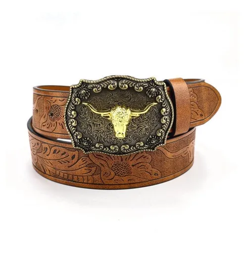 Retro Punk Belt with Cow Head Large Plate Buckle Trendy Western Waist Strap - 120cm