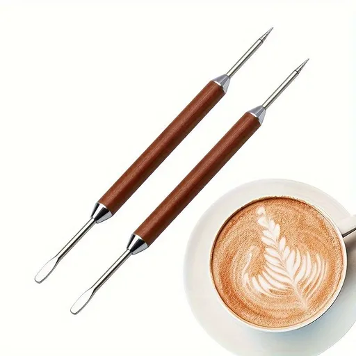 2pcs Premium Rosewood Handle Latte Art Needles, Stainless Steel Coffee Decorating Tools for Cafes Restaurants