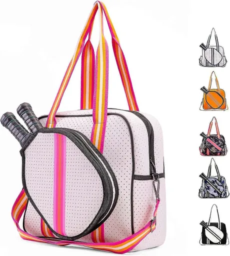 Pickleball Bag Tote Crossbody Shoulder Bag with Adjustable Strap Multi-Compartment Sports Racket Bag - Pink