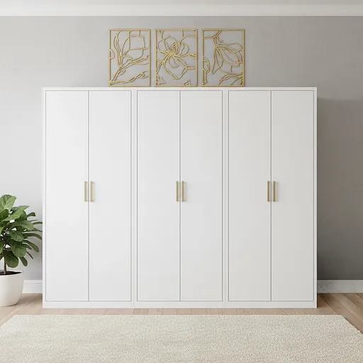 240x200cm 6-Door White Steel 1 Hanging and 2 Shelf Wardrobe with Gold Handle Storage Cabinet