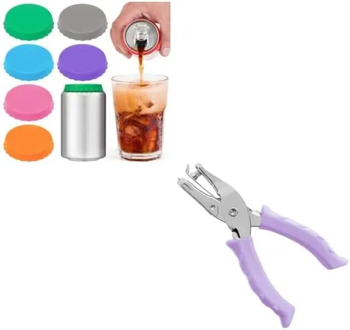 6 Pack Silicone Soda Can Cover Lids, Reusable Soda Can Lids + Single Hole Punch 1/4” Hole Puncher for Crafts Purple