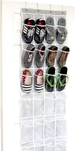 SimpleHouseware Crystal Clear Over The Door Hanging Shoe Organizer, 24 Pockets, Grey (162.6 cm H x 48.6 cm W)