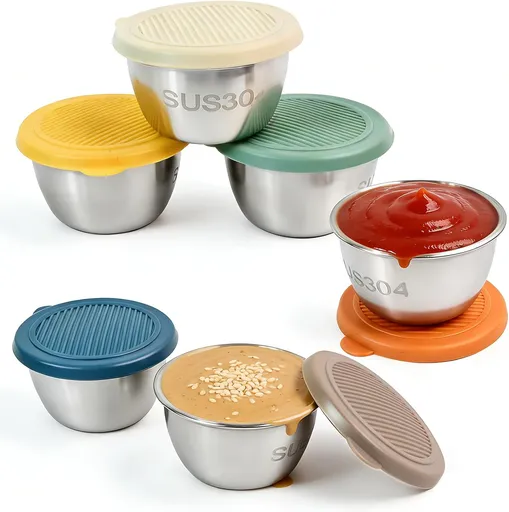 6 Pack Stainless Steel Condiment Cups With Lids, Reusable Leakproof Sauce Containers for Lunch Box, Travel, Picnics & Meal Prep, Metal Dipping Sauce Cups for On The Go (6)