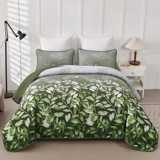 Sage Green Forest Leaf Bedspread Coverlet 3 Piece Set