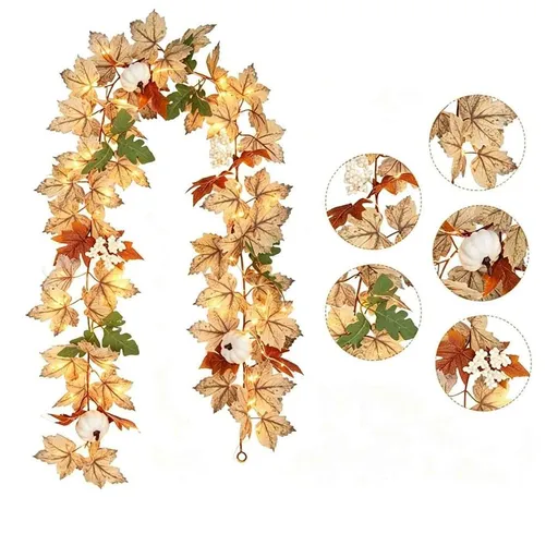 Artificial Maples Leaf Pumpkin Garland, Fall Garland With Lights, Autumn Maple Vines Garland For Home Porch Mantle Fireplace Farmhouse Outdoor Indoor