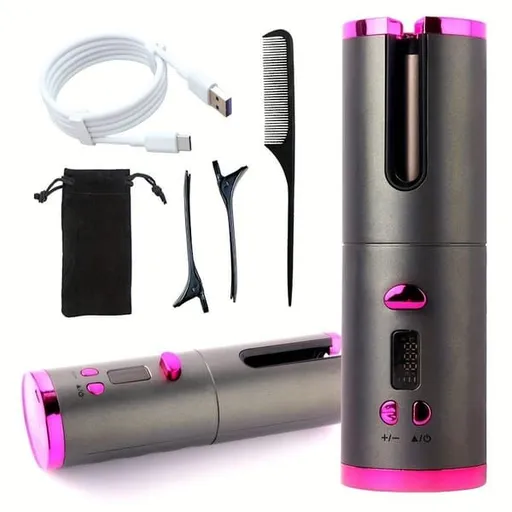 Automatic Hair Curler, Cordless Rechargeable Curling Iron with 6 Temp & Timer, Anti-Scald Portable Hair Curler for Travel（gray）