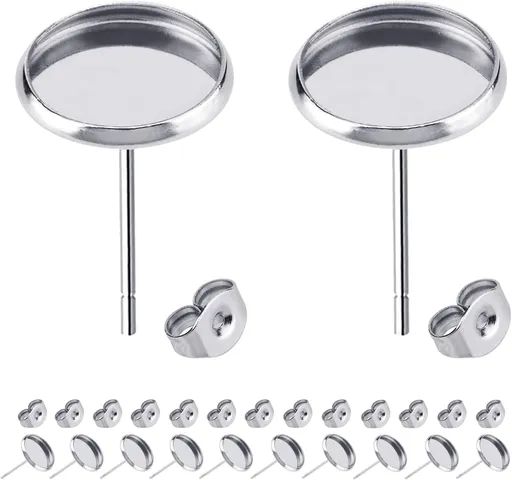 60pcs Blank Earring Studs 12mm Stainless Steel Cabochon Setting Post With Backs for Resin DIY Earstud Making